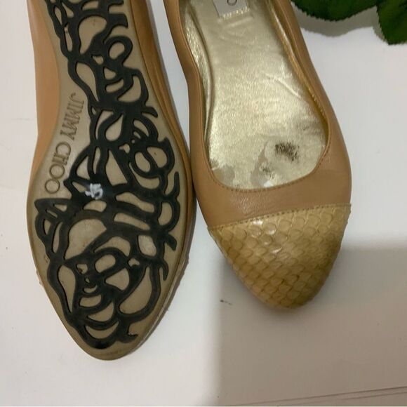 JIMMY CHOO Nude Leather & Python Cap Toe Ballet Flats Neutral Size EU 37.5, US 7 - Picture 15 of 16